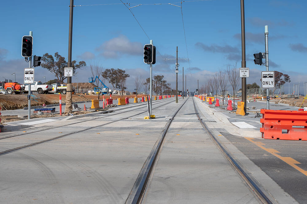 Metro tram tracks and a road
